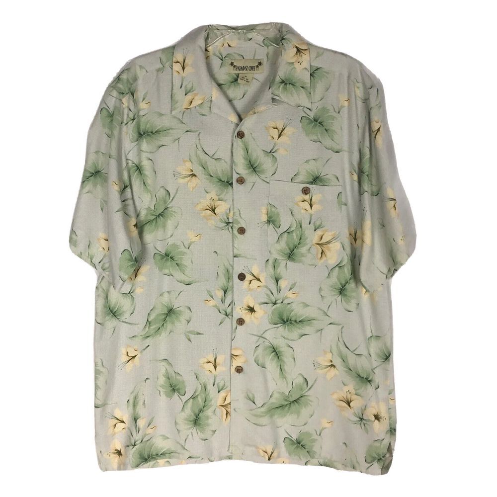 Paradise Coves Mens Button Up Shirt Size M Green Hawaiian Short‎ Sleeve Silk